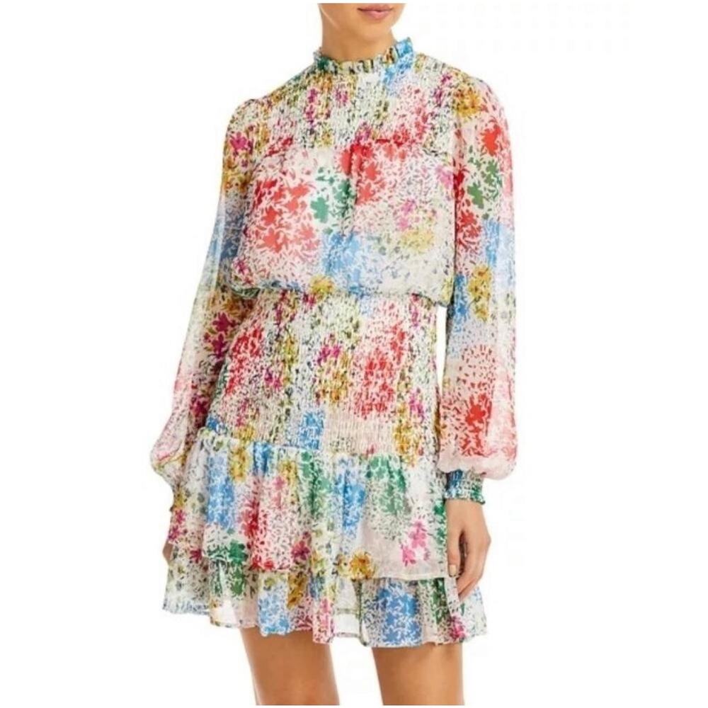 Aqua floral Long Sleeve Smocked bohemian tiered Mini ruffled Dress Sz XS